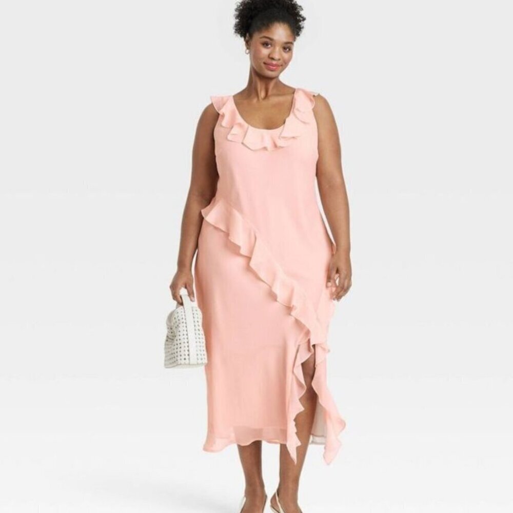 a new day NWT Pink Ruffled Midi Slip Dress Fairy Boho Feminine Cottage Wedding